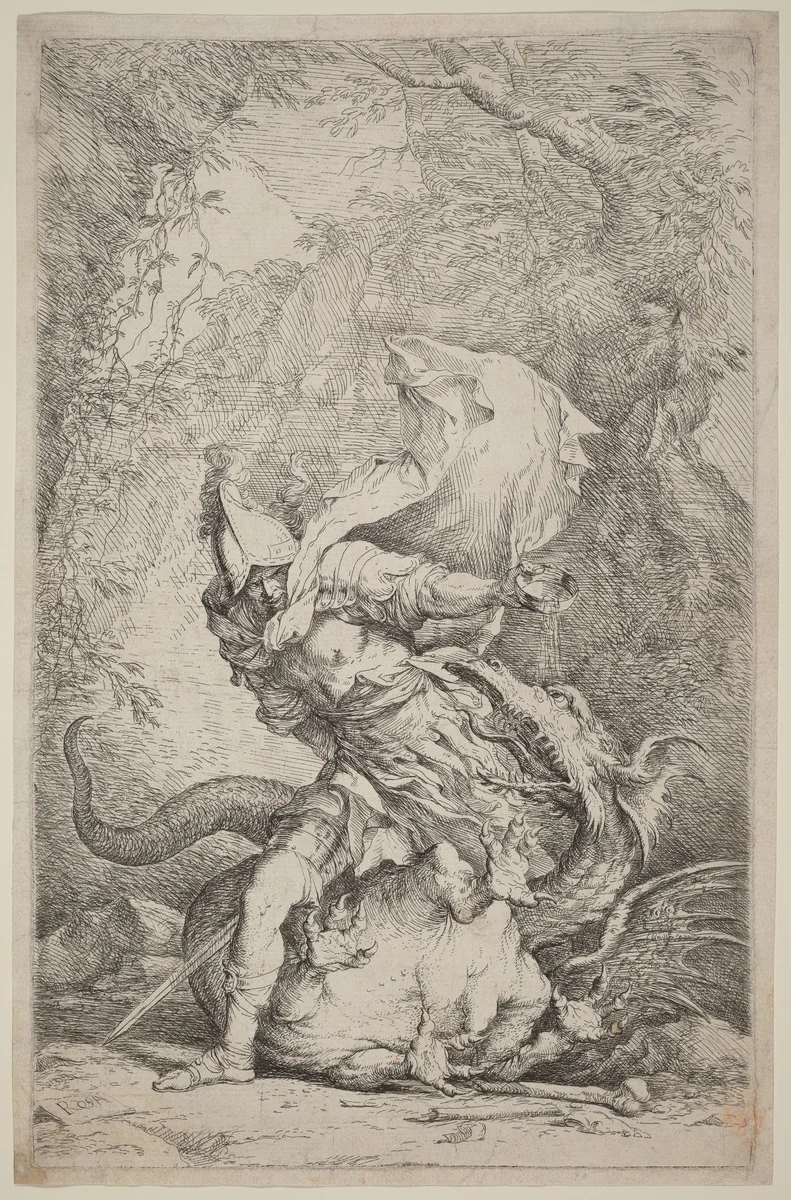 Jason and the Dragon by Salvator Rosa, print, 1663-1664