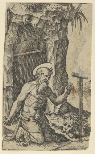 Saint Jerome kneeling before a crucifix, from "Piccoli Santi" (Small Saints) by Marcantonio Raimondi, print, 1495-1532