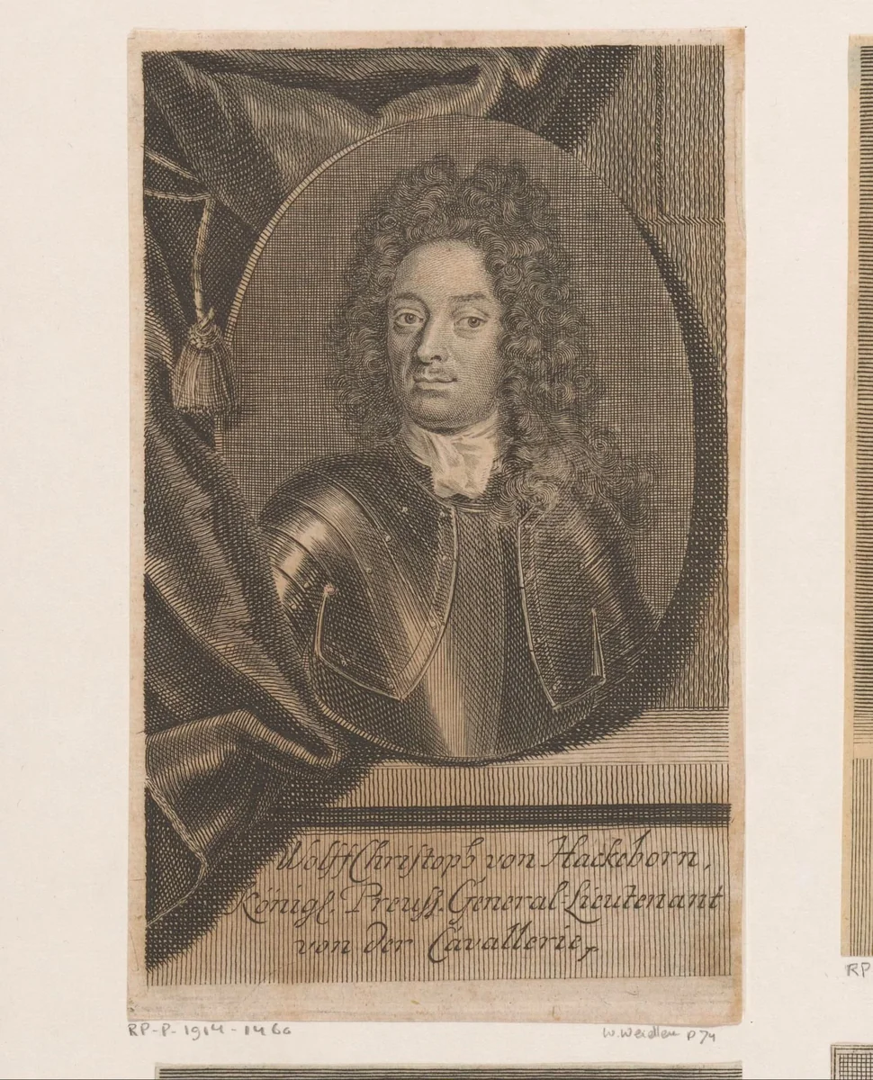 Portret van Wolff Christoph von Hackeborn by Martin Bernigeroth, print, 1719