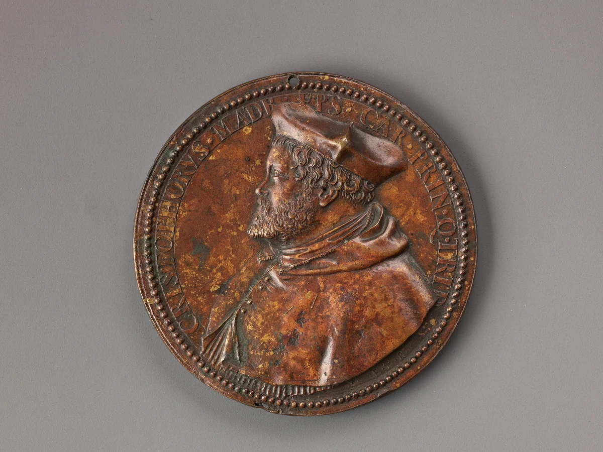 Portrait medal of Cristoforo Madruzzo (obverse); Landscape with a Female Figure Pointing to the Sun (reverse) by Pietro Paolo Galeotti, metalwork, 1555