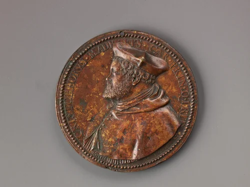 Portrait medal of Cristoforo Madruzzo (obverse); Landscape with a Female Figure Pointing to the Sun (reverse) by Pietro Paolo Galeotti, metalwork, 1555