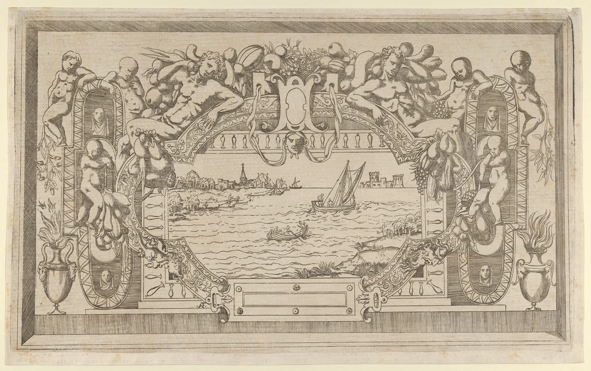 Landscape with Ornamental Frame by Antonio Fantuzzi, print, 1538-1560