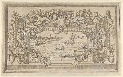 Landscape with Ornamental Frame by Antonio Fantuzzi, print, 1538-1560