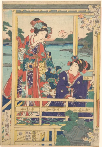 Two Beauties at Spring Garden with a Pond by Toyohara Kunichika, print, 1864
