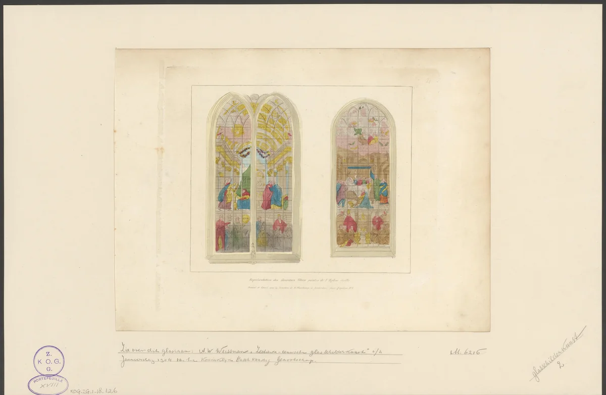 Glasramen in de Oude Kerk te Amsterdam, 1810-1825 by anonymous, print, 1824-1825