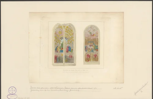 Glasramen in de Oude Kerk te Amsterdam, 1810-1825 by anonymous, print, 1824-1825