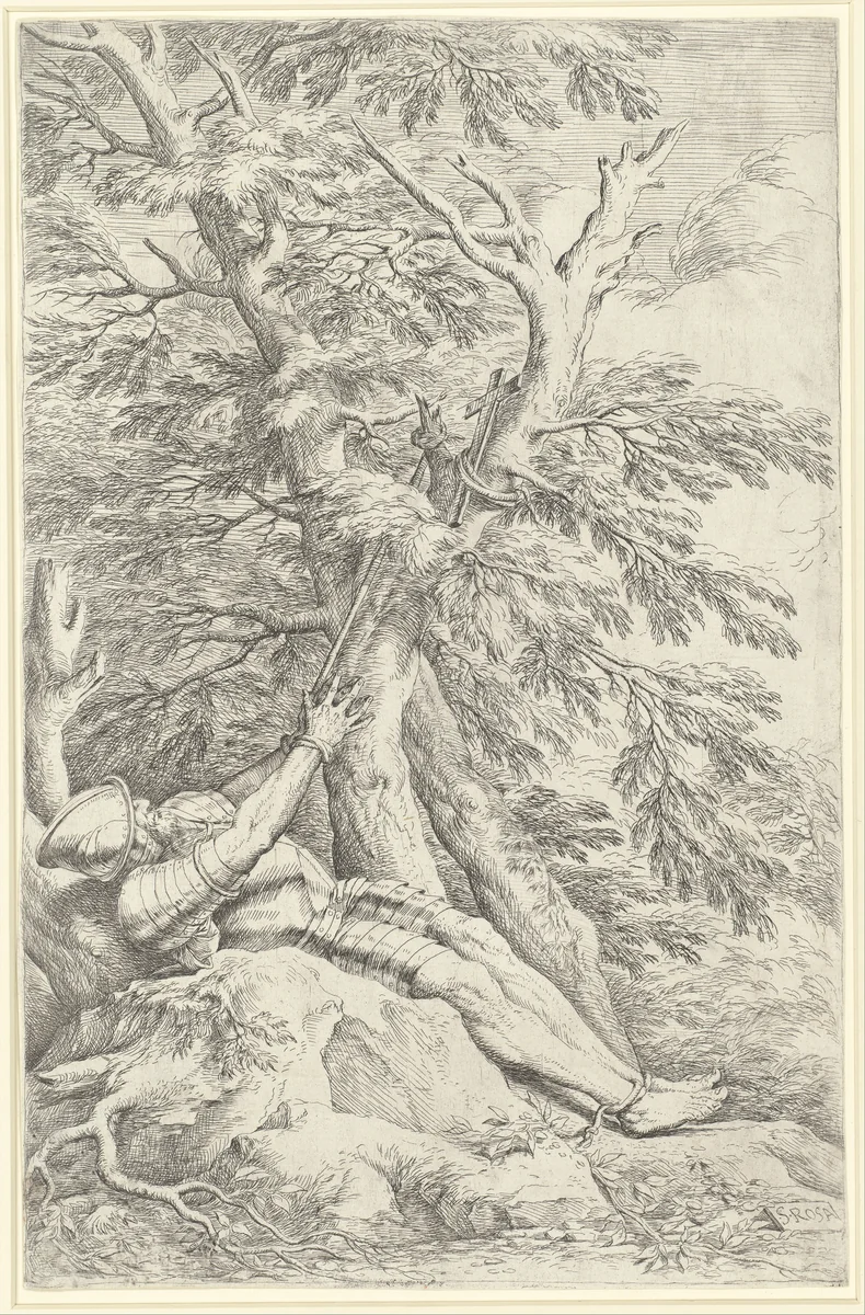 Saint William of Maleval, hands tied with rope fastened to a tree by Salvator Rosa, print, 1661