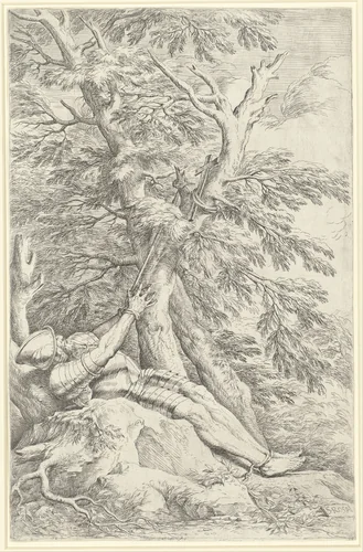 Saint William of Maleval, hands tied with rope fastened to a tree by Salvator Rosa, print, 1661