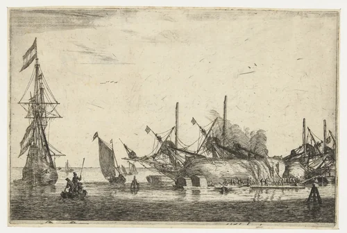 Waterdichtmaken van de rompen van twee schepen by Reinier Nooms, print, 1650-1664