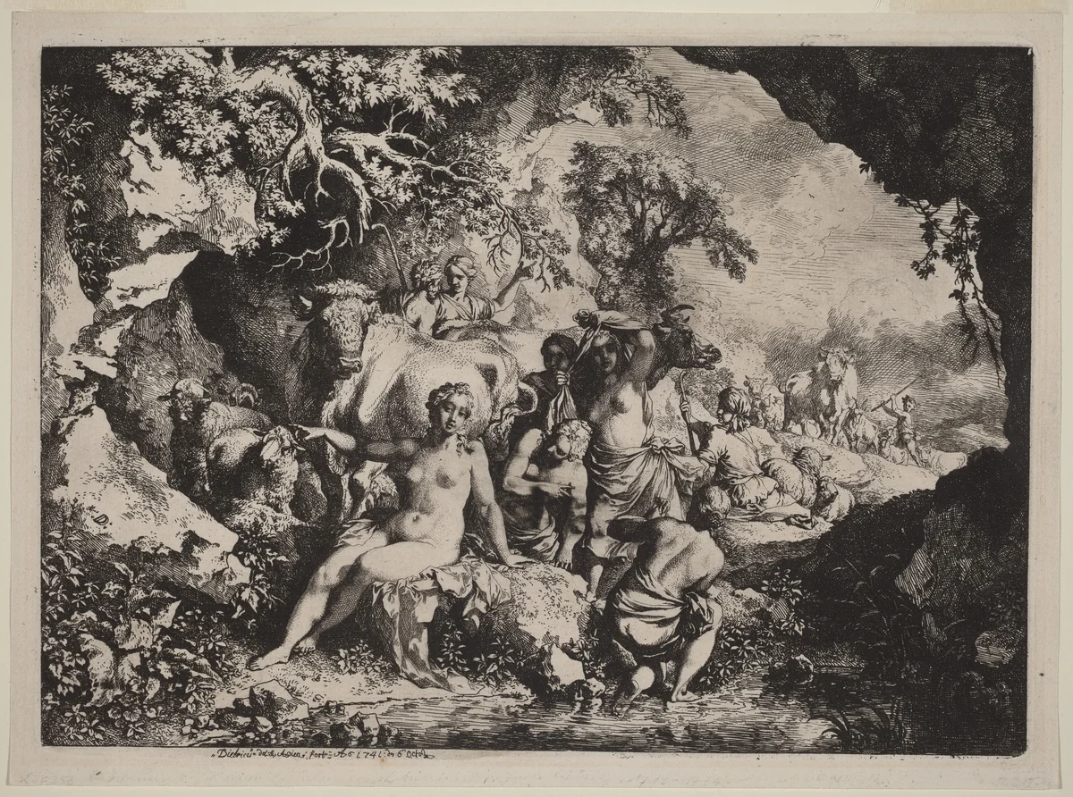 Nymphs Bathing in a Cave by Christian Wilhelm Ernst Dietrich, print, 1741