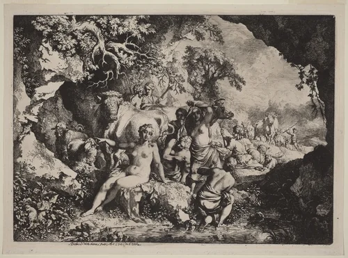 Nymphs Bathing in a Cave by Christian Wilhelm Ernst Dietrich, print, 1741