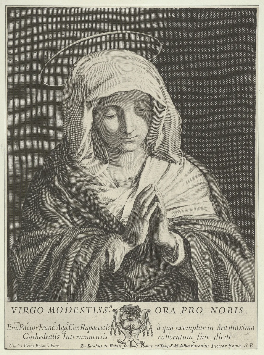 The Virgin in prayer looking down, after Reni by Jean Baron, print, 1650-1660