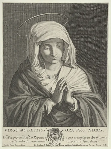 The Virgin in prayer looking down, after Reni by Jean Baron, print, 1650-1660