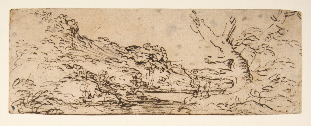 Landscape with hills and a lake, trees in right foreground. by Salvator Rosa, drawing, 1615-1673