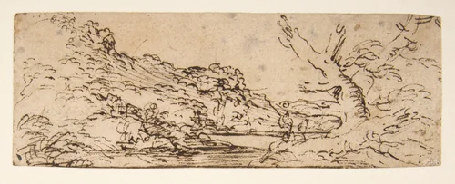 Landscape with hills and a lake, trees in right foreground. by Salvator Rosa, drawing, 1615-1673