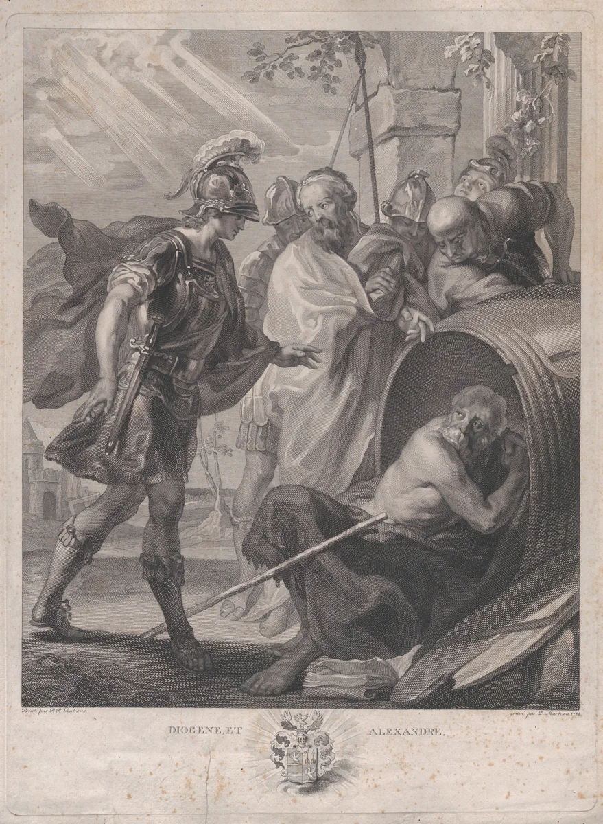The meeting of Diogenes of Sinope and Alexander the Great by Quirin Mark, print, 1784