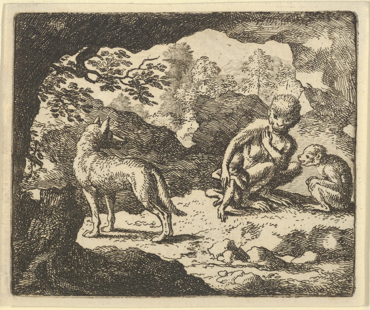 The Wolf in in the She-Monkey's Cave Where the Renard Convinced Him to Enter in Order to Make Fun of Him from Hendrick van Alcmar's Renard The Fox by Allart van Everdingen, print, 1650-1675