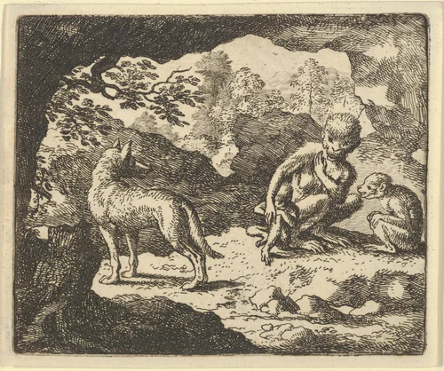The Wolf in in the She-Monkey's Cave Where the Renard Convinced Him to Enter in Order to Make Fun of Him from Hendrick van Alcmar's Renard The Fox by Allart van Everdingen, print, 1650-1675