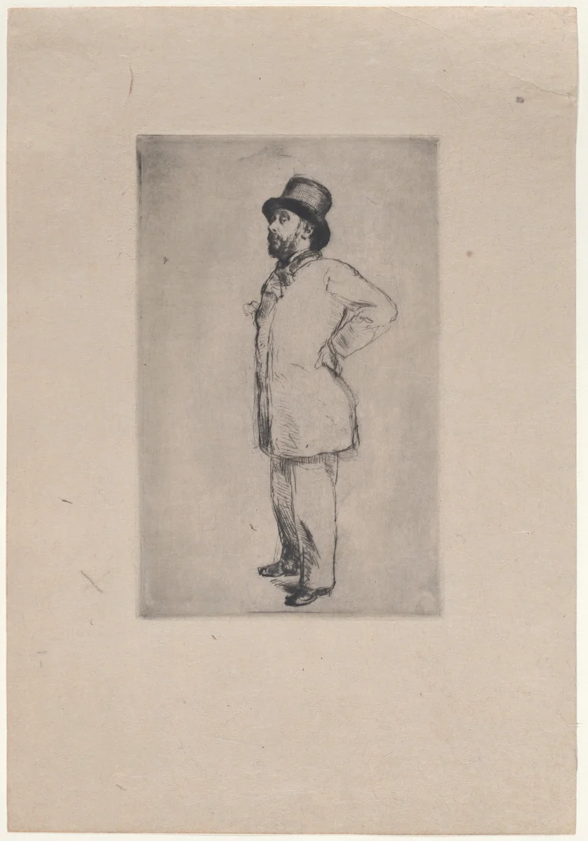 Portrait of Edgar Degas, wearing a hat by Marcellin Desboutin, print, 1876