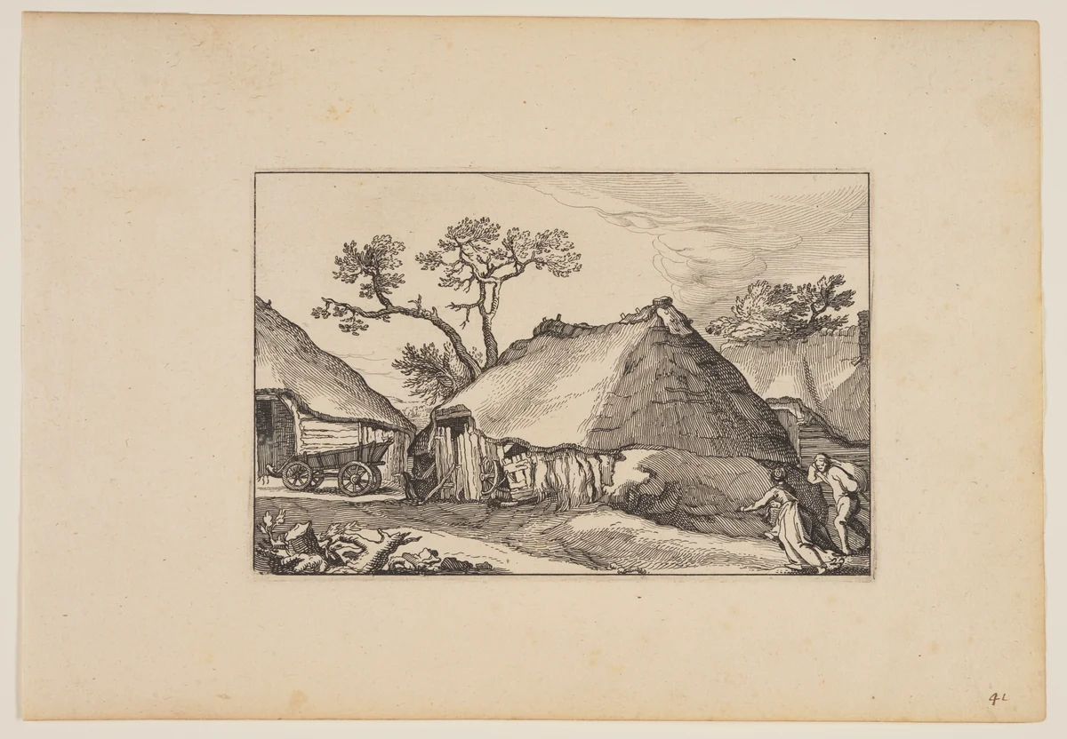 Two Barns, Cart at Left, from Landscapes (Verscheyden aerdige Lanthuysen...) by Claes Jansz Visscher, print, 1620