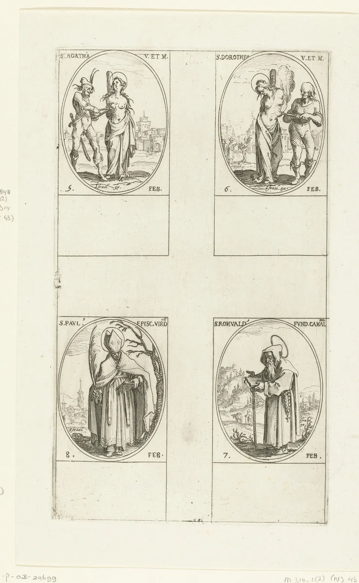 Heilige Agatha, Heilige Dorothea, Heilige Romuald van Camaldoli, Heilige Paulus van Verdun (5-8 februari) by Jacques Callot, print, 1632-1636