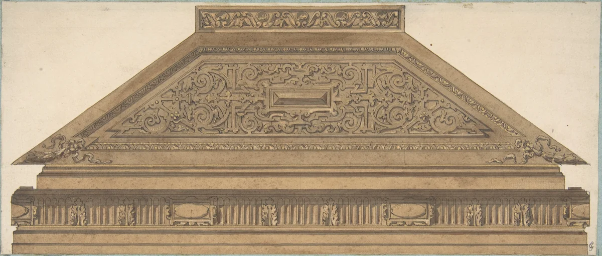Design for Carved Wood Paneling and Molding Featuring Strapwork by Jules-Edmond-Charles Lachaise, drawing, 1850-1900