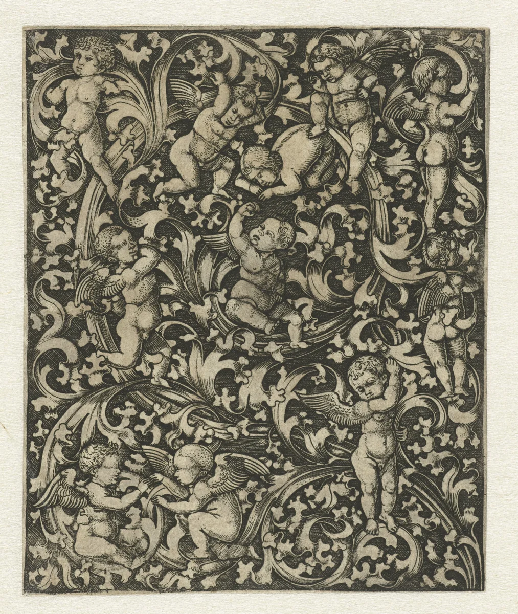 Ornament met putti by anonymous, print, 1470-1550