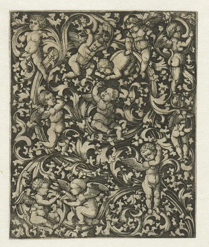Ornament met putti by anonymous, print, 1470-1550