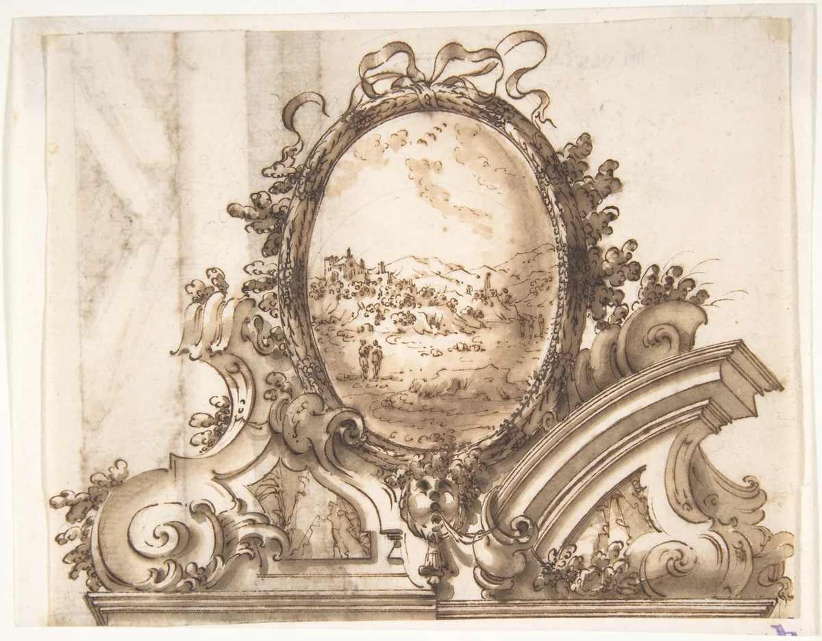 Design for an Overdoor Decoration with Variant (recto); Sketch of a Marbled Wall (verso) by anonymous, drawing, 1740-1760