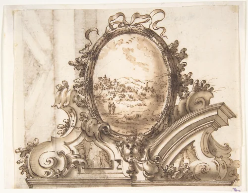 Design for an Overdoor Decoration with Variant (recto); Sketch of a Marbled Wall (verso) by anonymous, drawing, 1740-1760