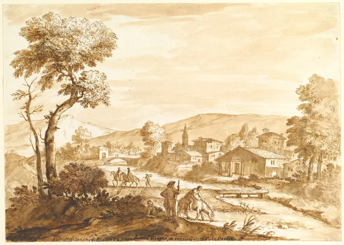 Landscape with a Town by a River by Anton Maria Zanetti, drawing, 1680-1767