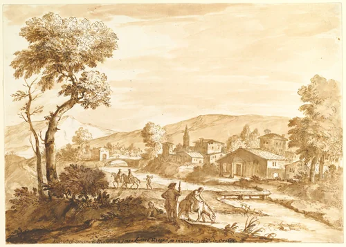 Landscape with a Town by a River by Anton Maria Zanetti, drawing, 1680-1767