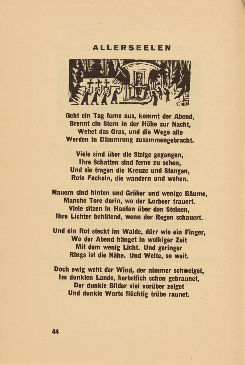Allerseelen (All Soul's Day) (headpiece, page 44) from Georg Heym: Umbra Vitae (Georg Heym: The Shadow of Life) by Ernst Ludwig Kirchner, volume, 1924