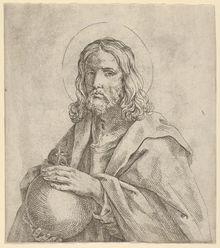 Christ seen in half-length, holding a globe surmounted by a cross by anonymous, print, 1600-1680