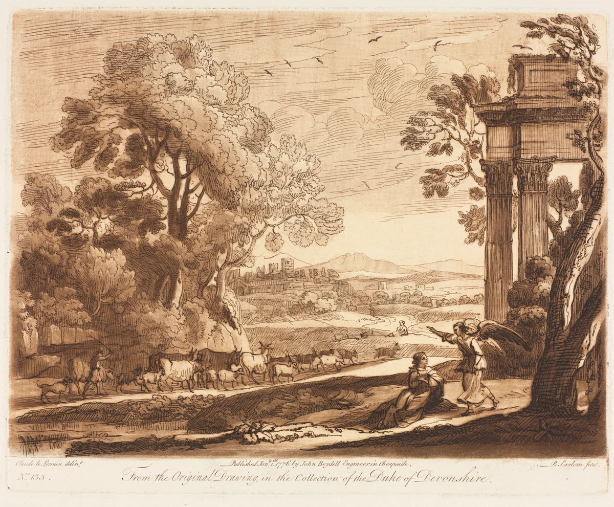 Liber Veritatis: No. 133, A Landscape, with Cattle, and the Angel Comforting Hagar by Richard Earlom, print, 1776