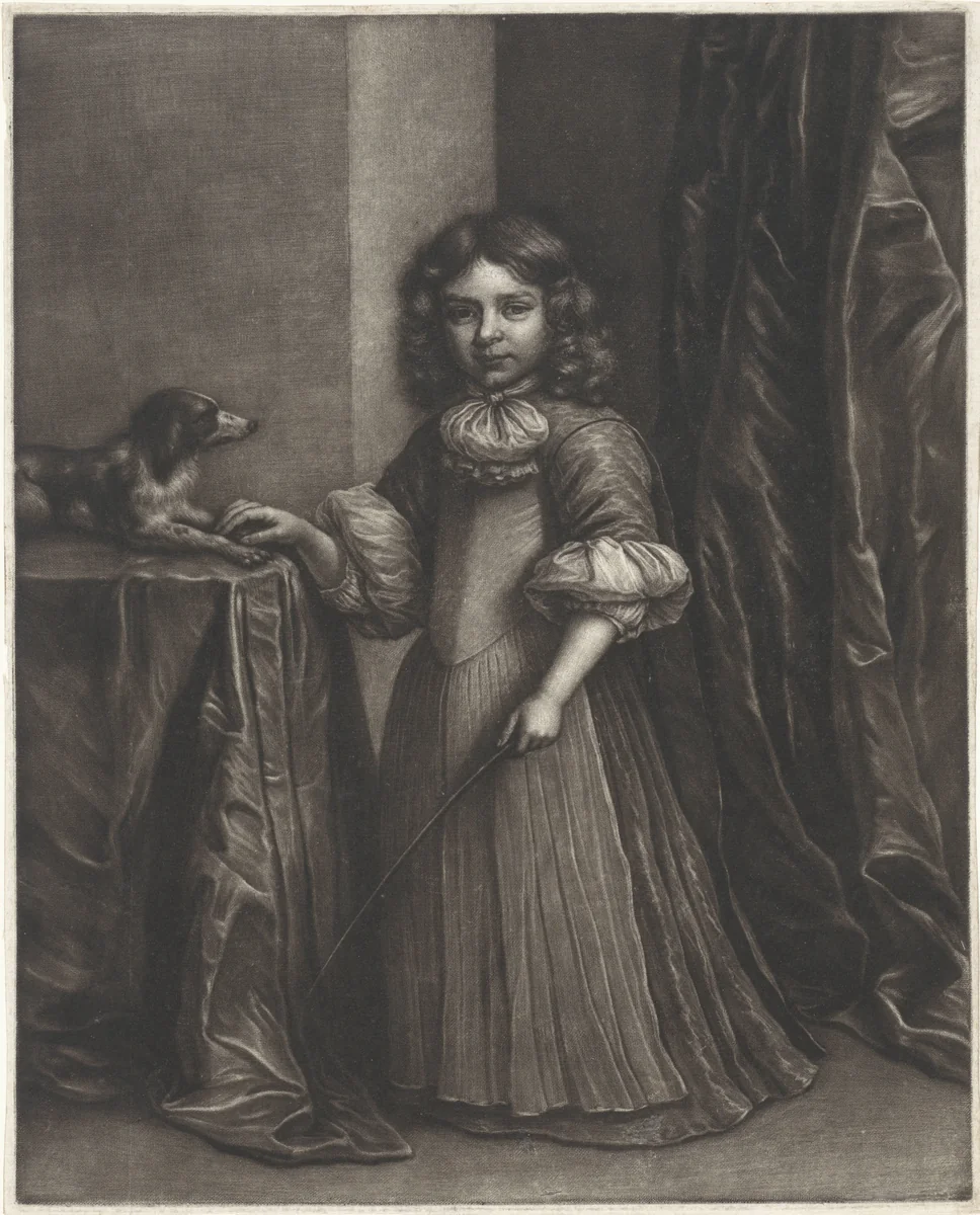 Portret van een jongen met een hond by Wallerant Vaillant, print, 1658-1677