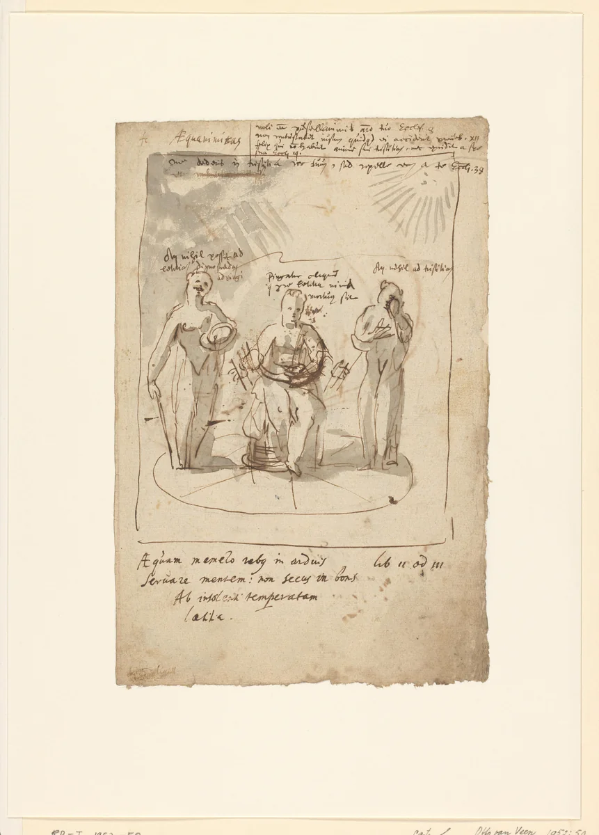 Ontwerp voor Horatiaans Emblemata: Aequanimitas by Otto van Veen, drawing, 1599-1609