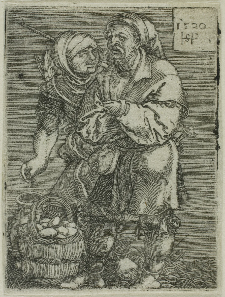 Peasant Couple Selling Eggs by Sebald Beham, print, 1520