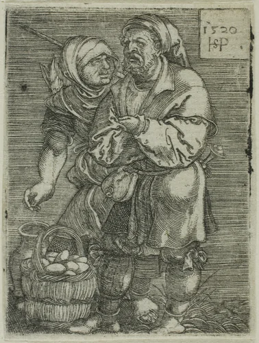 Peasant Couple Selling Eggs by Sebald Beham, print, 1520