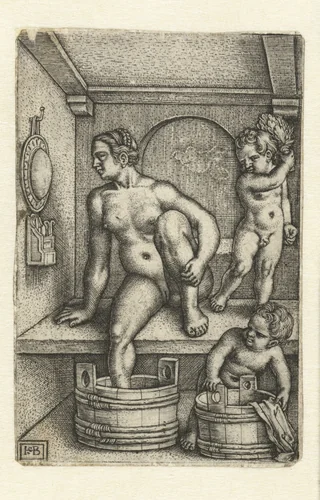Vrouw met twee kinderen in badkamer by Unknown, print, 1510-1550