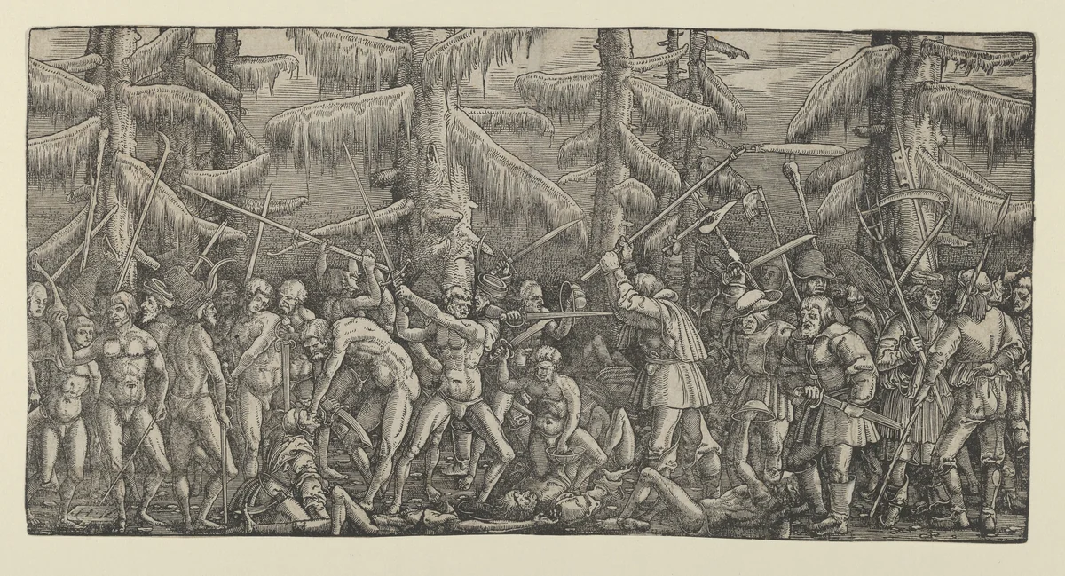 Battle Between Peasants and Naked Men in a Forest by Master NH, print, 1522
