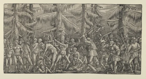 Battle Between Peasants and Naked Men in a Forest by Master NH, print, 1522