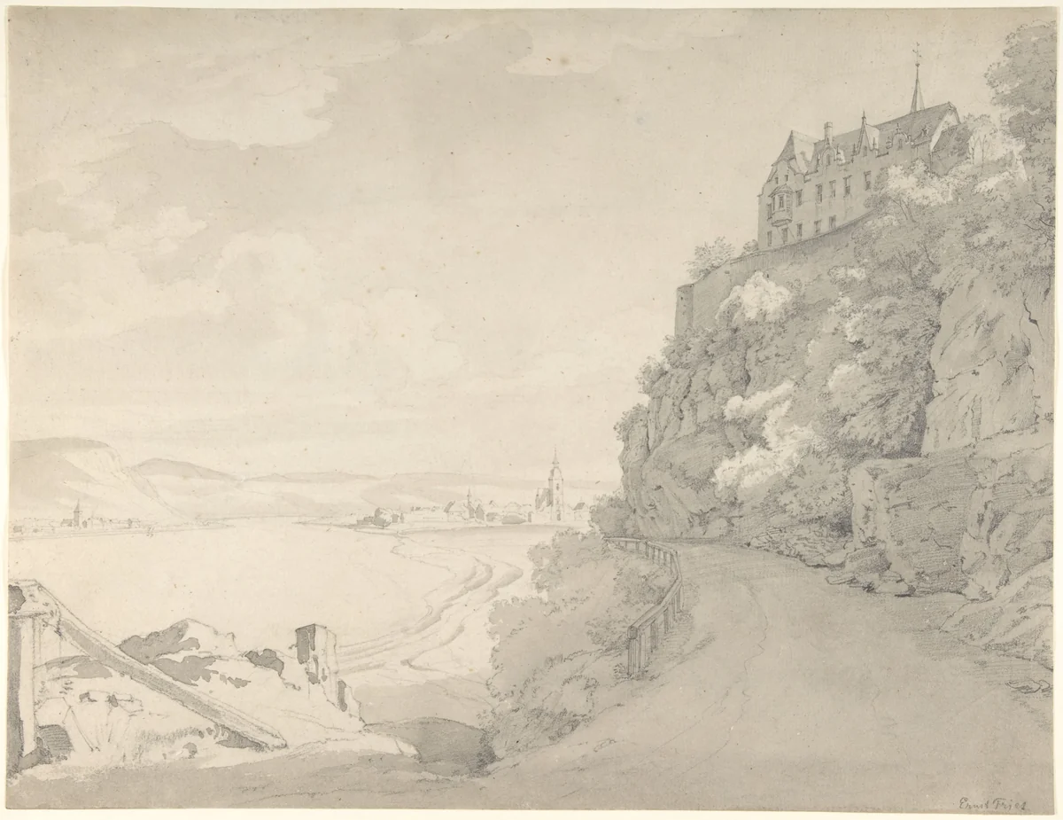 View of the Rhine and Remagen from the North (?) by Ernst Fries, drawing, 1815-1833