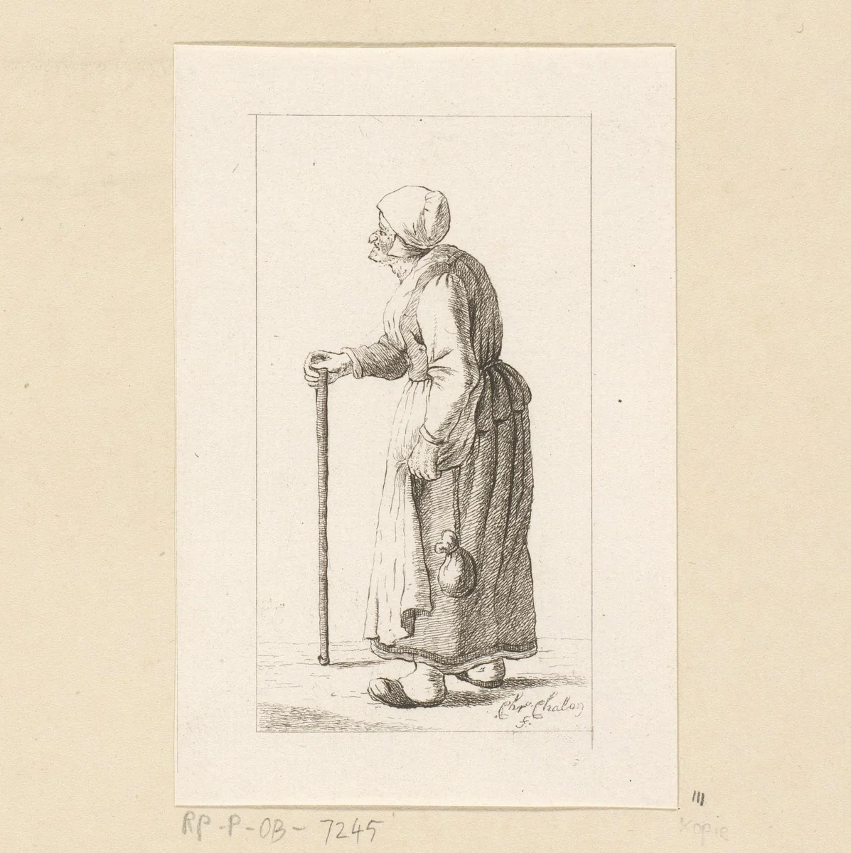 Staande vrouw met stok by Pieter de Mare, print, 1779