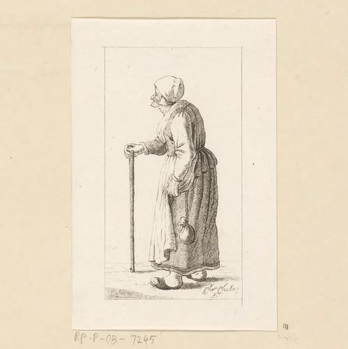 Staande vrouw met stok by Pieter de Mare, print, 1779