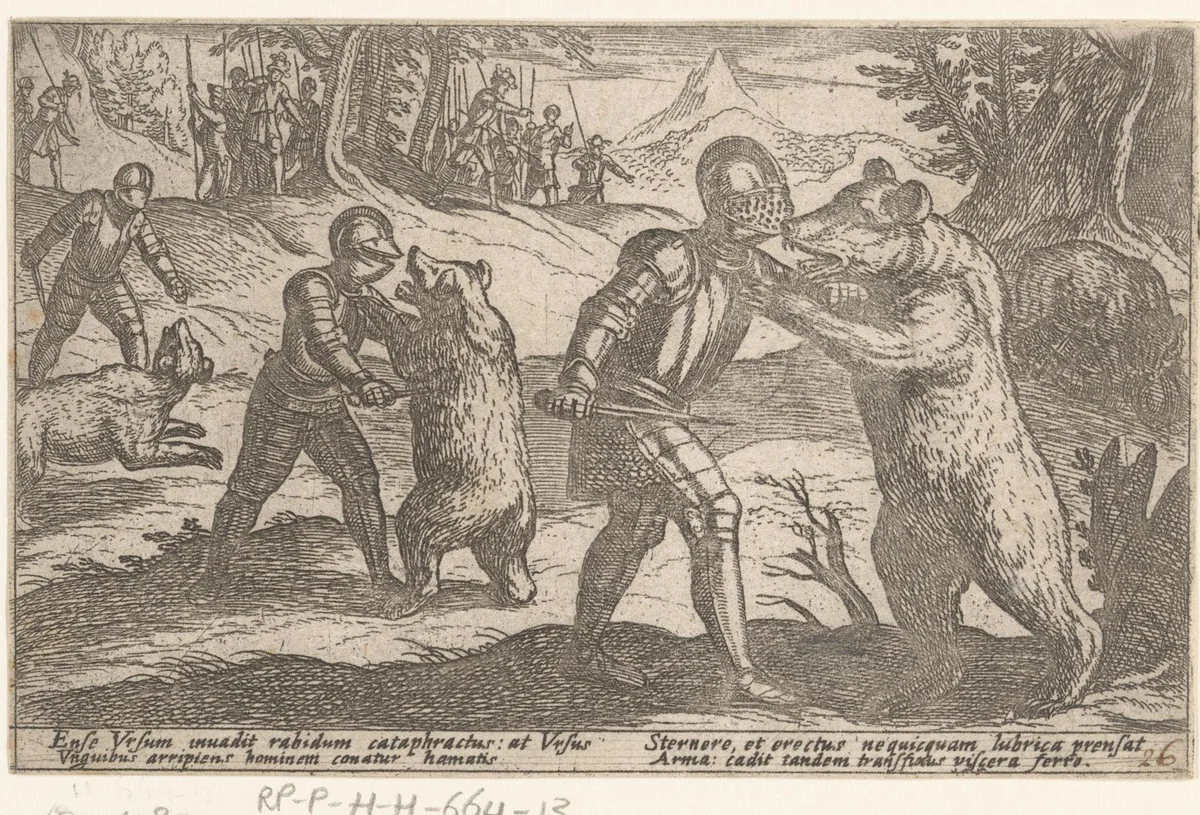 Gewapende mannen vechten met beren by Antonio Tempesta, print, 1605