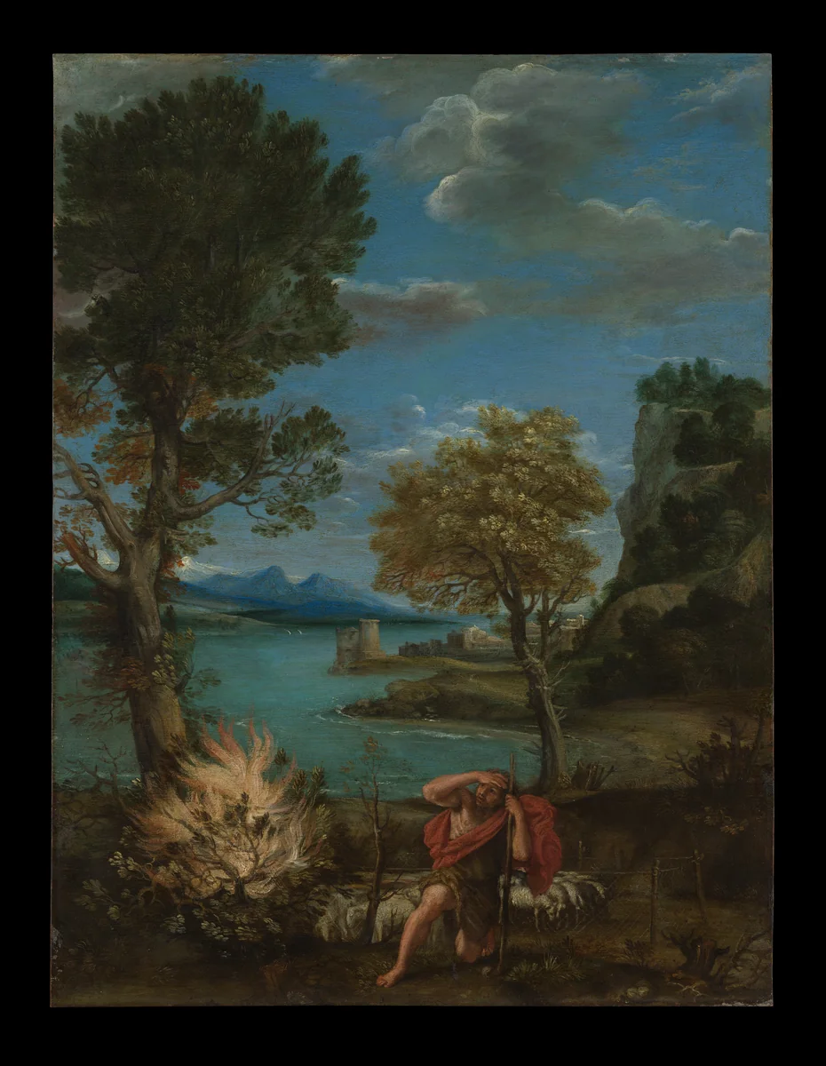 Landscape with Moses and the Burning Bush by Domenichino, painting, 1610-1616