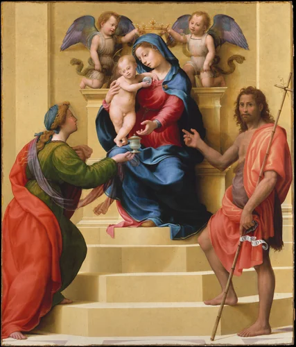 Madonna and Child Enthroned with Saints Mary Magdalen and John the Baptist by Giuliano Bugiardini, painting, 1518-1528