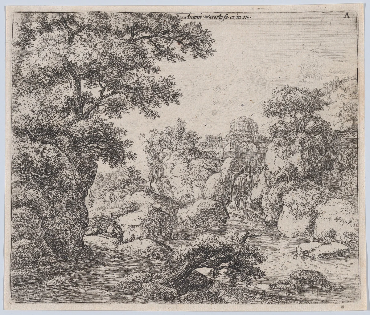 The Dome and the Waterfall by Anthonie Waterloo, print, 1620-1690