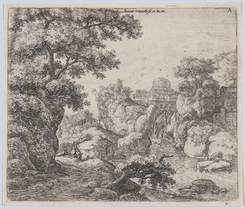 The Dome and the Waterfall by Anthonie Waterloo, print, 1620-1690